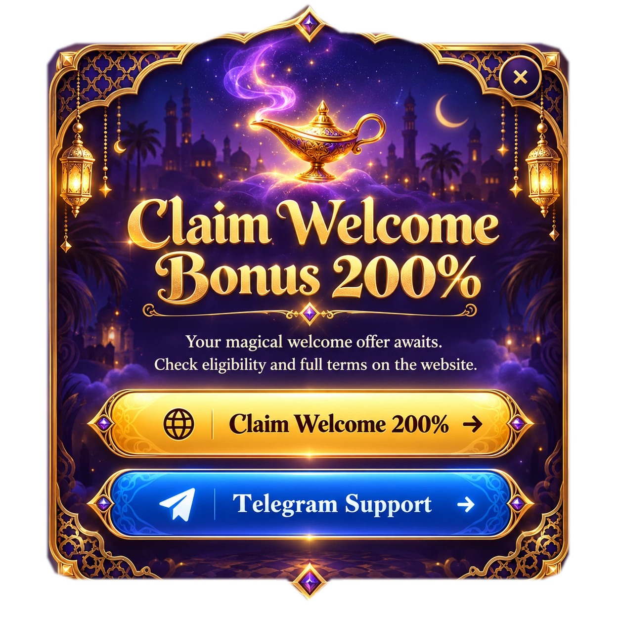 Arabian Nights themed Claim Welcome Bonus 200% popup, with decorative golden arch and two actions
