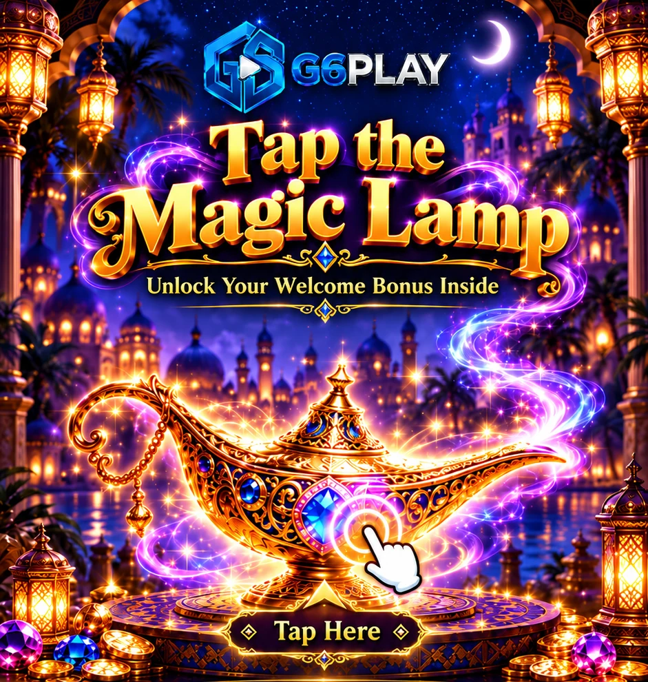 G6PLAY magical golden lamp against a midnight palace background